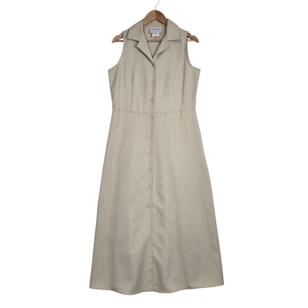 Vintage 90s Leslie Belle Dress 10 Beige Midi Maxi Button Front Minimalist